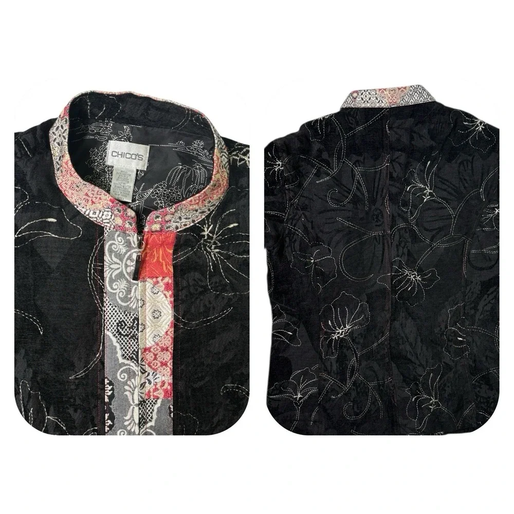 Chicos Full Zip Jacket Floral Silk Linen Artsy Patchwork Size 1 Medium
